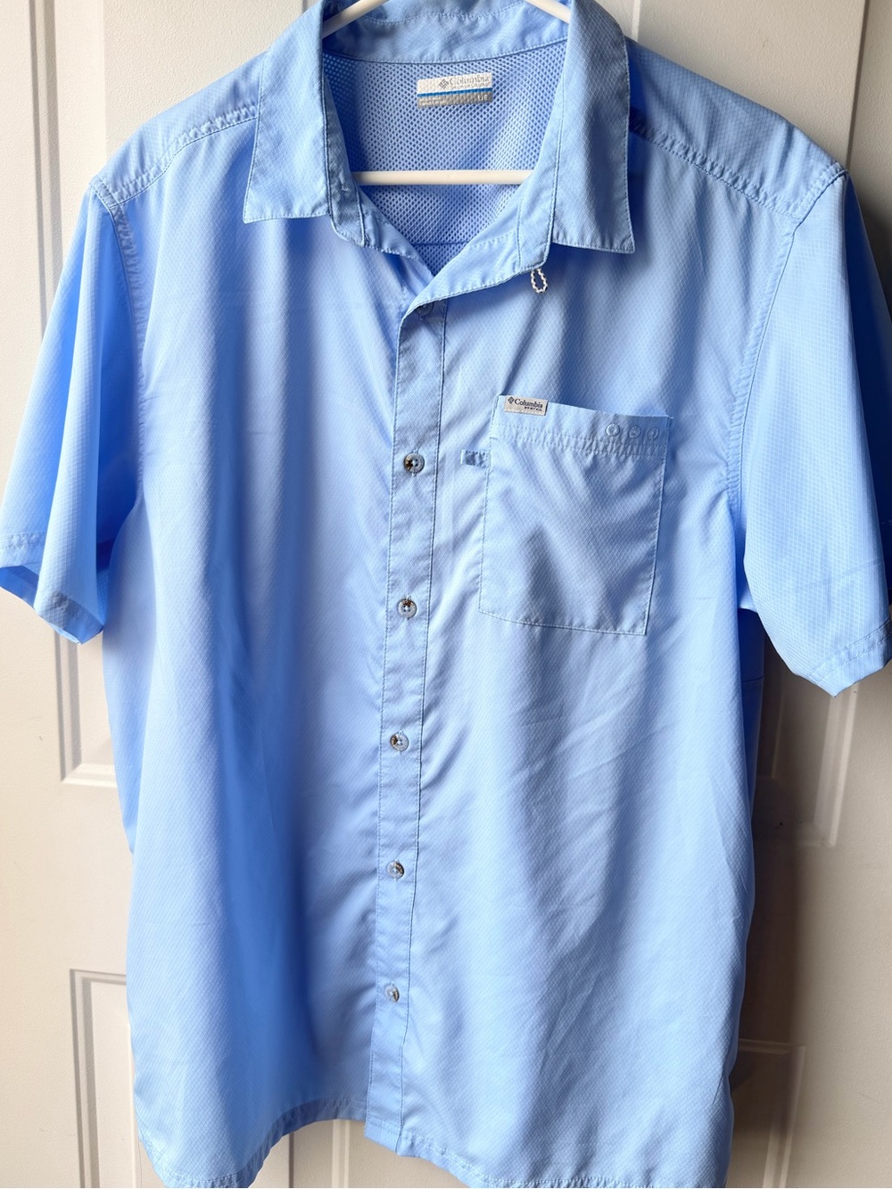 Columbia PFG Omni Shade Fishing Shirt Mens Large Blue Short Sleeve Button Up